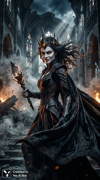 Зловещая королева: эпическая битва за власть и месть в руинах империи. Изображение из нейросети Nano Banana