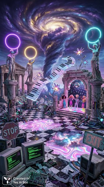 Неоновый хаос: танцы кукол и галактические руины в цифровом мире. Генерация из нейронной сети Нано Банана