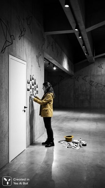 Сюрреалистичный черно-белый портрет: девушка в желтом и геометрия ночи. Генерация из нейросети Nano Banana