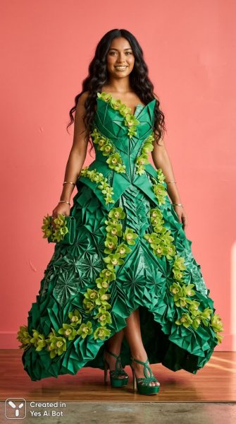 Очарование в изумрудном платье из бумаги и орхидей. Нейросеть NanoBanana