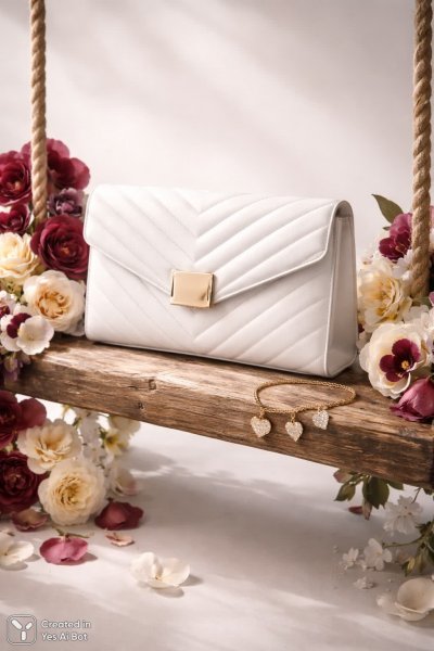 Элегантный клатч: нежность цветов и золото в студийном снимке. Генерация из нейросети Sora images Ai