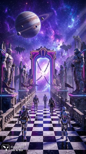 Затерянная планета в галактическом тумане: портал в будущее и забытые тайны. Картинка из нейронной сети NanoBanana