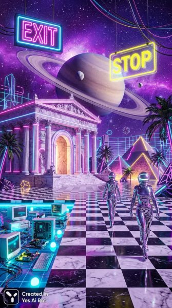 Неоновый сон: мраморные руины в цифровом космосе и гиперреальности. Генерация из нейросети Nano Banana