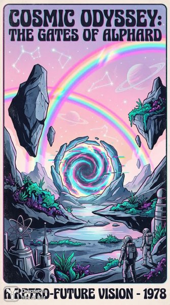 Радужный портал: сновидения в стиле ретро и целестиалпанк. Изображение из нейронной сети Nano Banana