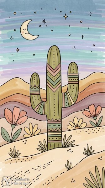 Яркий пустынный пейзаж и сказочная иллюстрация в стиле мультфильма. Изображение из нейронной сети NanoBanana