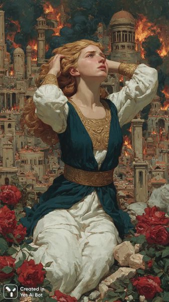 Роковая красота среди пламени: драма в стиле прерафаэлитов. Генерация из нейросети Midjourney