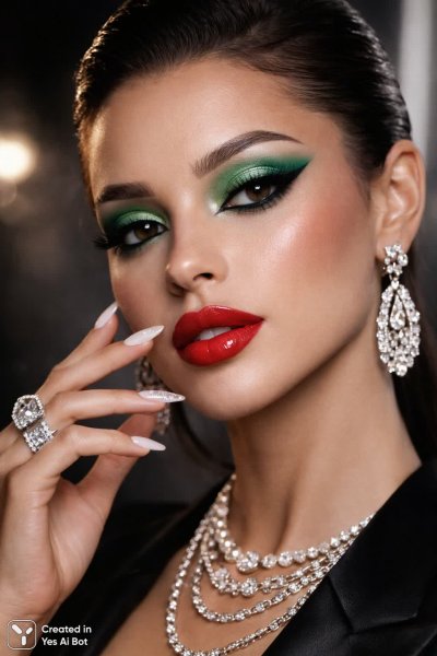 Яркий образ: зелёные тени, алые губы и роскошные украшения в деталях. Генерация из нейросети Sora Image