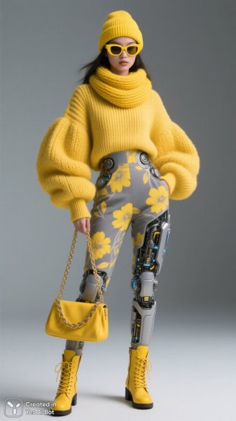 Яркий образ в желтом трикотаже: стильный лук с цветочным принтом и аксессуарами. Изображение из нейронной сети Qwen Images