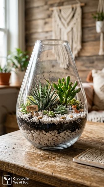 Миниатюрный сад суккулентов в стеклянной вазе: бохо-уют и дзен-настроение. Картинка из нейросети Nano Banana