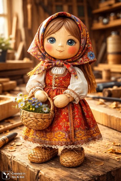Русская кукла из дерева: традиции и мастерство столярной мастерской. Нейронная сеть Sora Ai Images