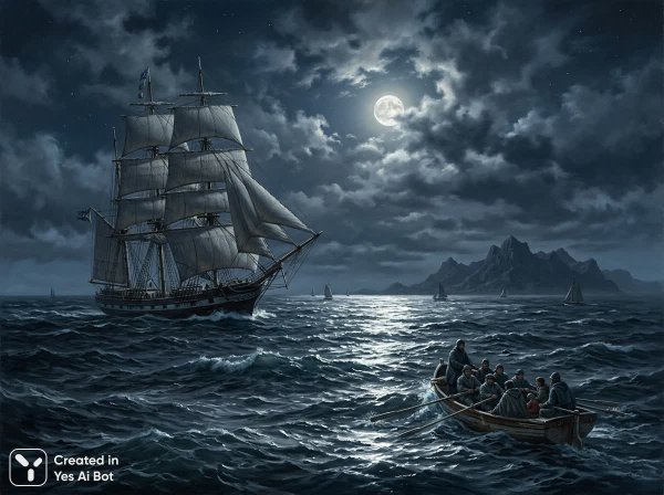 Ночная серенада моря и корабля под лунным светом. Картинка из нейросети NanoBanana