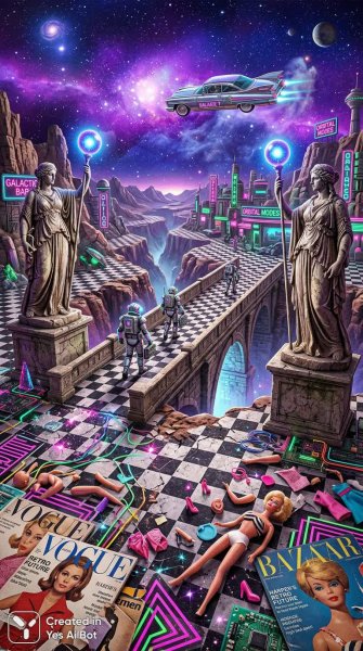 Загадочный мир: инопланетный пейзаж с артефактами и футуристическими элементами. Генерация из нейронной сети Нано Банана