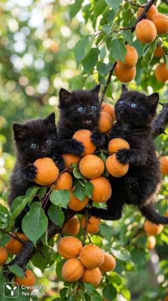 Черные котята и спелые абрикосы: очаровательная игра в саду. Нейросеть Нано Банана
