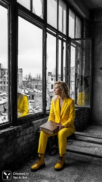 Девушка в жёлтом костюме и ботинках среди чёрно-белых руин. Нейронная сеть Nano-Banana