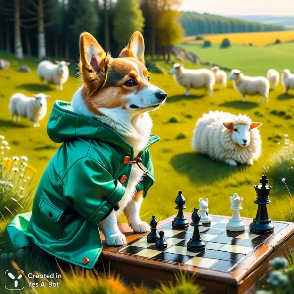 Задумчивый корги-пастух и шахматы среди овец. Изображение из нейросети Stable Diffusion