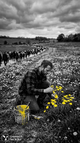 Поле дandelions в монохромной реальности и одинокая фигура художника. Изображение из нейросети Нано Банана