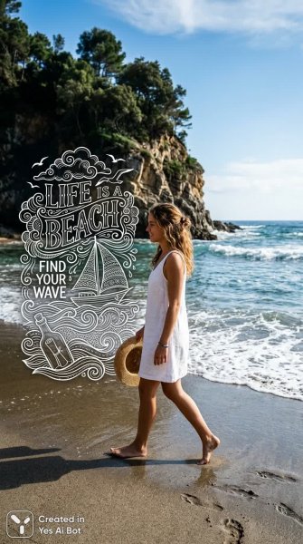 Пляжная прогудка: спокойствие, волны и летнее настроение. Генерация из нейронной сети Nano-Banana