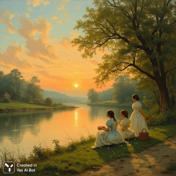 Закат над рекой: безмятежность и красота природы в живописном пейзаже XIX века. Изображение из нейросети Flux