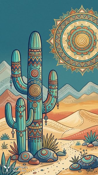 Кактус в психоделических узорах: яркие цвета и акриловая живопись. Изображение из нейронной сети Nano-Banana