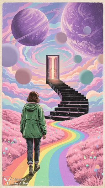Мечтательное путешествие: радужные дороги и двери в небо. Картинка из нейронной сети Нано Банана