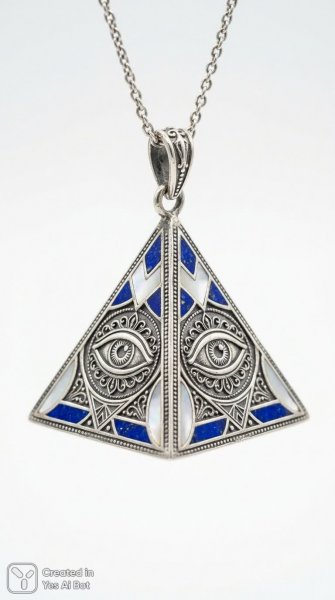 Завораживающая пирамида: серебряное украшение с инкрустацией и детальной гравировкой глаз. Изображение из нейронной сети NanoBanana