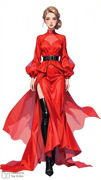 Красное платье и высокие сапоги: элегантный образ в белом пространстве. Генерация из нейросети Flux Ai