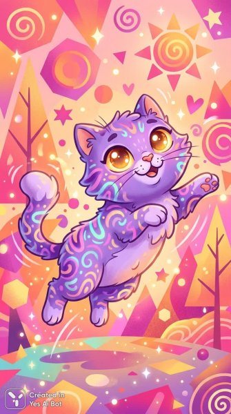 Игривый фиолетовый кот в ярких красках и абстрактных узорах с мягкими тенями. Нейронная сеть NanoBanana