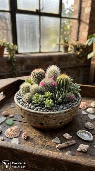 Миниатюрный сад кактусов и суккулентов на винтажной деревянной подставке в теплом свете солнца. Изображение из нейросети Nano-Banana