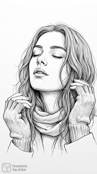Нежная красота в монохромном стиле: эскиз девушки с закрытыми глазами и шарфом на шее. Изображение из нейронной сети Nano Banana