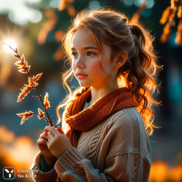 Задумчивая девочка с огненными кудрями и веткой ивы в руках: акварельный этюд. Изображение из нейросети Stable Diffusion