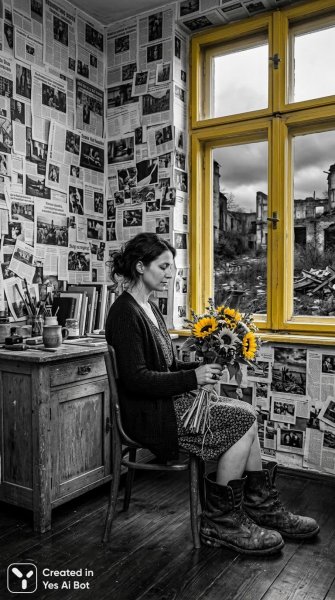 Спокойствие и контрасты: цветок среди новостей в черно-белом мире. Картинка из нейронной сети Nano Banana