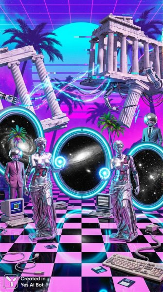 Неоновое видение древних руин и цифровой космос в стиле ваупервей. Генерация из нейросети Нано Банана