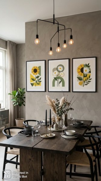 Скандинавский минимализм: яркие цветы и геометрия в интерьере столовой. Нейронная сеть Нано Банана