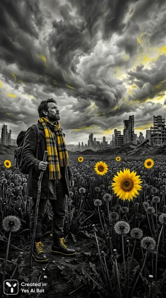 Задумчивый взгляд в апокалиптический пейзаж: сюрреалистичная черно-белая фотография с яркими акцентами. Изображение из нейросети Nano-Banana