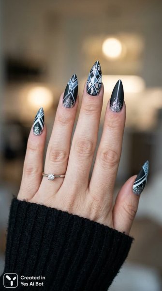Изысканный маникюр в черно-белых тонах с серебряными акцентами и геометрическим дизайном. Нейросеть Нано Банана