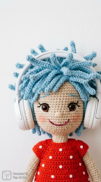 Милая вязаная кукла с голубыми иголками волос и ярким нарядом. Нейронная сеть NanoBanana