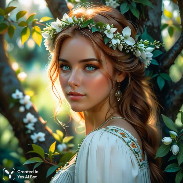 Загадочная красотка в зелени и белом: акварельный портрет с полуулыбкой. Изображение из нейросети Stable Diffusion