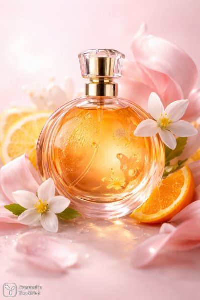Элегантный аромат: янтарная бутылка с цитрусовыми нотками и цветочными акцентами. Изображение из нейросети Sora Images