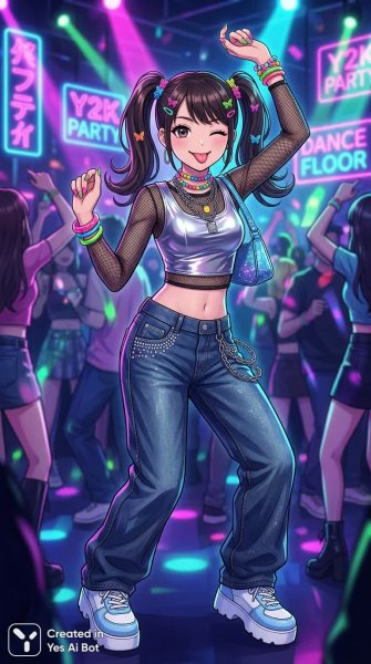 Яркая ностальгия: вечеринка в стиле Y2K с блеском и драйвом. Картинка из нейросети Nano Banana