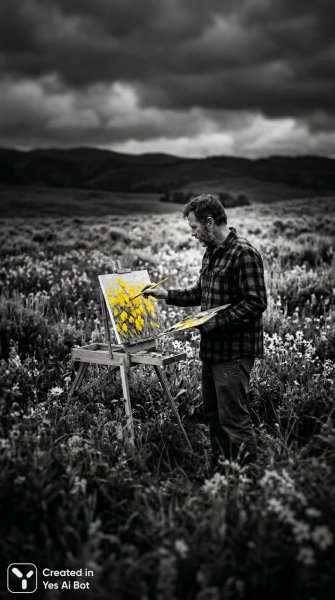 Монохромная сюрреалистичная картина: художник и поле желтых цветов под темным небом. Картинка из нейронной сети Nano Banana