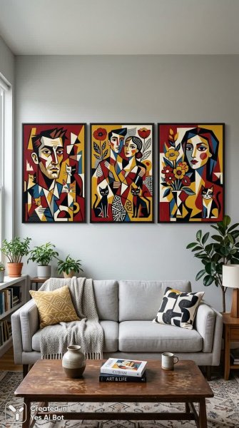 Кубистическая триптихаж: яркие портреты и графические мотивы в современном интерьере. Генерация из нейронной сети Нано Банана