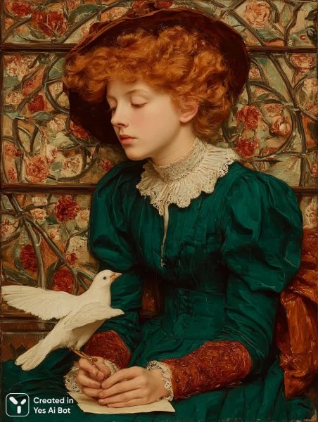 Меланхолия и надежда: портрет в стиле прерафаэлитов с голубем и розами. Изображение из нейронной сети Миджорни
