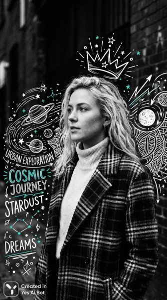 Модный городской образ: девушка в клетчатой куртке с планетами и акцентами бирюзы. Картинка из нейронной сети Nano-Banana