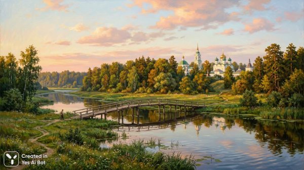 Золотой час над тихой рекой: пейзаж в стиле русской классики. Нейросеть Нано Банана