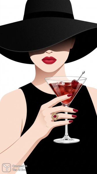 Изысканный минимализм: красные губы, стильный коктейль и элегантные пальцы на белом фоне. Генерация из нейросети NanoBanana