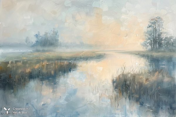 Утренний речной пейзаж в тумане: импрессионистская живопись на пленэре. Генерация из нейросети Миджорни