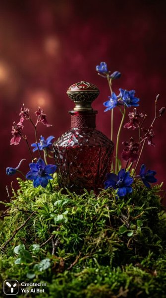 Загадочная композиция: Красный флакон, изумрудный мох и экзотические цветы. Изображение из нейросети Nano Banana