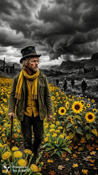 Одинокий мужчина в поле подсолнухов: осенняя сюрреалистическая фотография. Изображение из нейронной сети Нано Банана