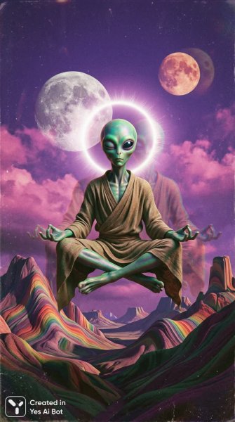 Инопланетная медитация над радужными горами в пурпурном небе с двойной луной и черной дырой. Изображение из нейронной сети Nano Banana