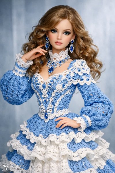 Кукла в кружевном платье небесно-голубого цвета и изящной позой. Генерация из нейронной сети Sora Ai Images